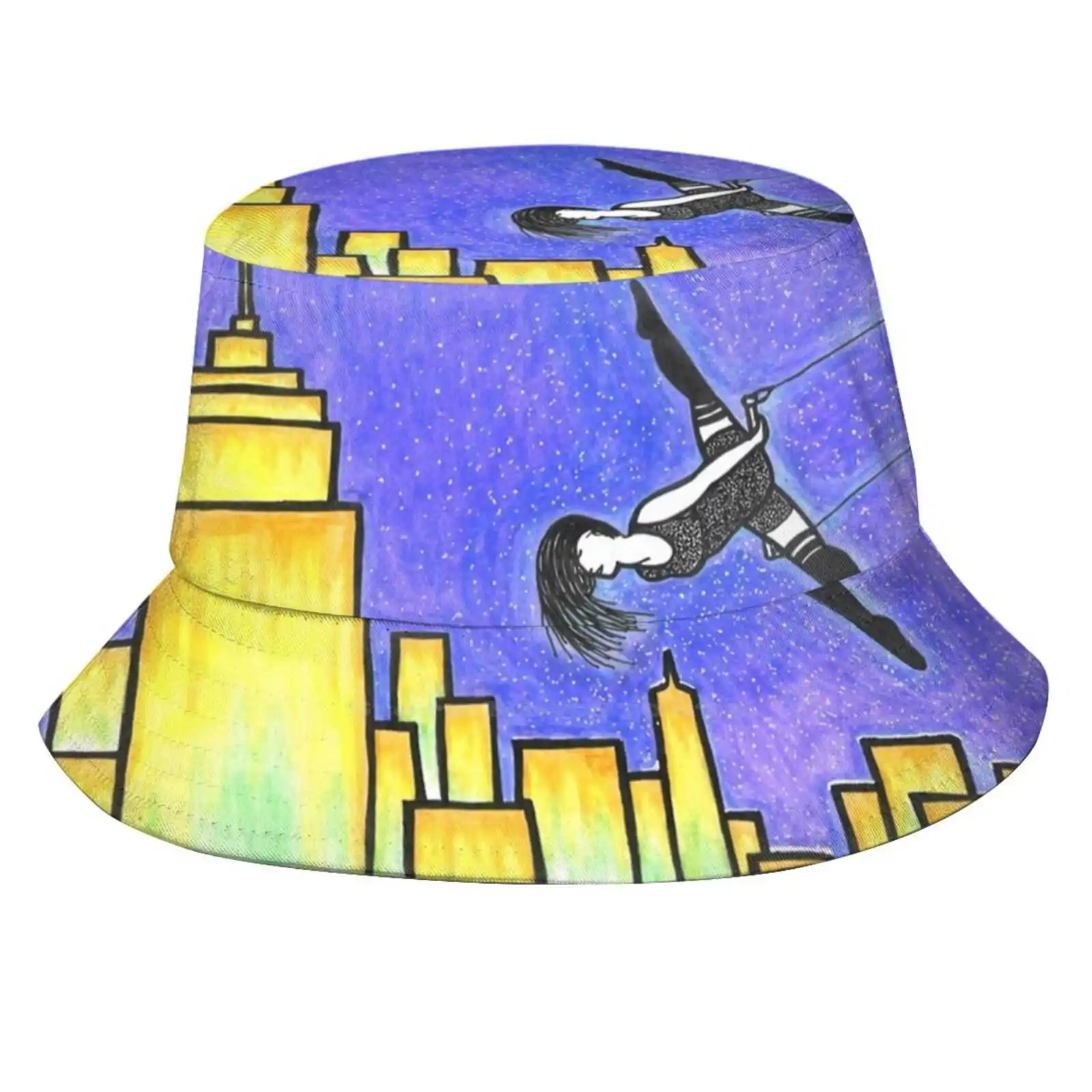 Splits In The City Print Bucket Hats Sun Cap Splits Flexible Flying Trapeze Aerial Circus Stars Snowglobe