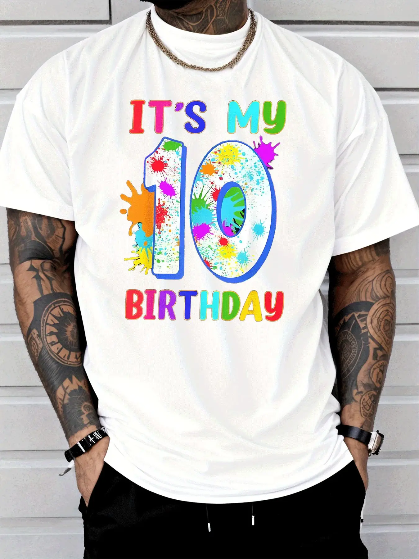 Mens Birthday Party Graphic T Shirt Its My 10th Birthday Paint Splash Streetwear Cotton Hip Hop Casual Summer Tee For Men