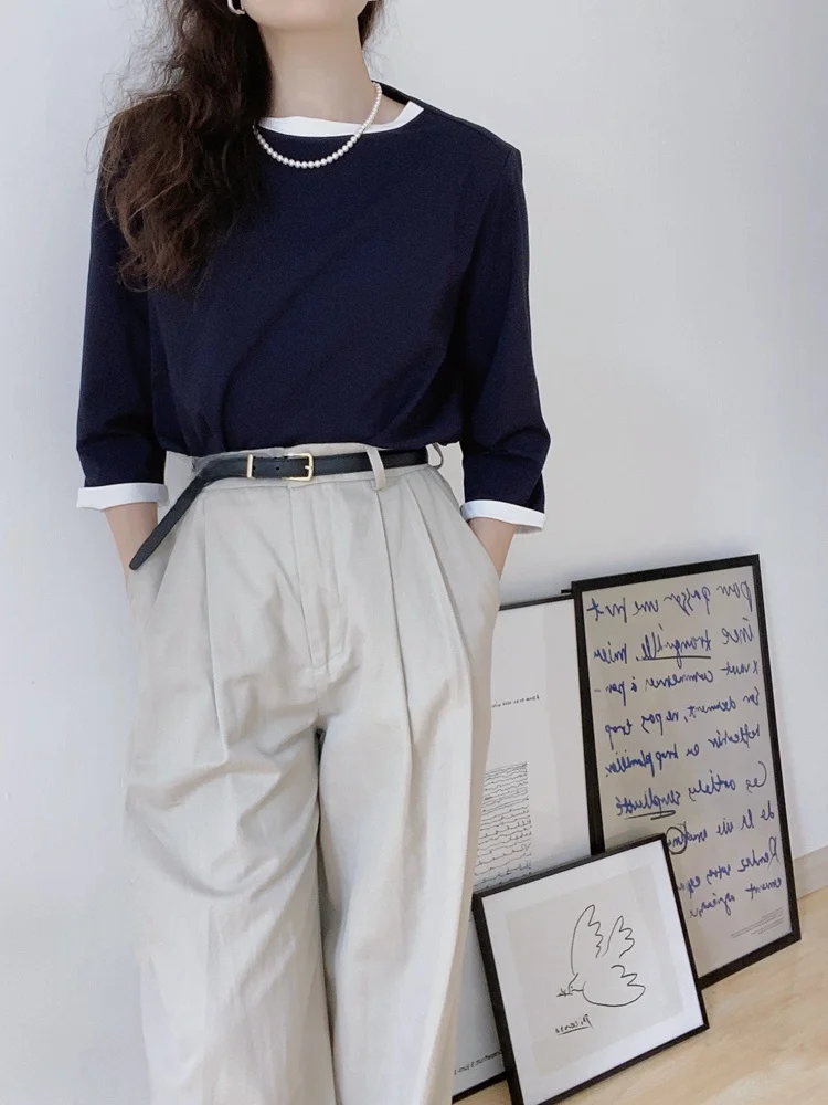 

Chic Spring Autumn Color Blo Boat Ne 7/8 Sve Women's T-irt French Sle Casual Loose Fit Cotton Modal Spandex