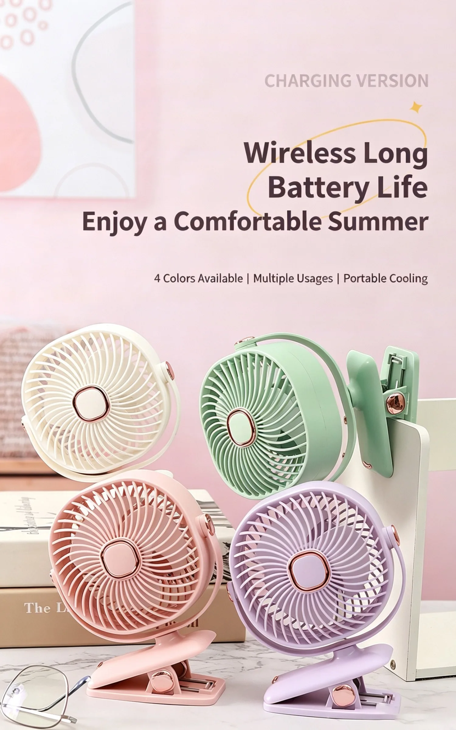 Clip-Ventilator, wiederaufladbarer Mini-Tischventilator, 3 Geschwindigkeiten, USB Typ-C, tragbar, leise, drehbar, mit Sockel für Kinderwagen, Büro, Bett, Sommer – Detail 2