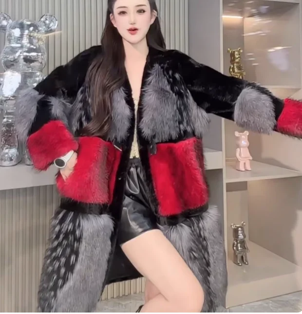 Winter Neue High-End-Stilvolle Lange Faux Pelzmantel Patchwork Farbe-Block Pelzigen Mode Leopardenmuster Vielseitig Warme Pelz mantel