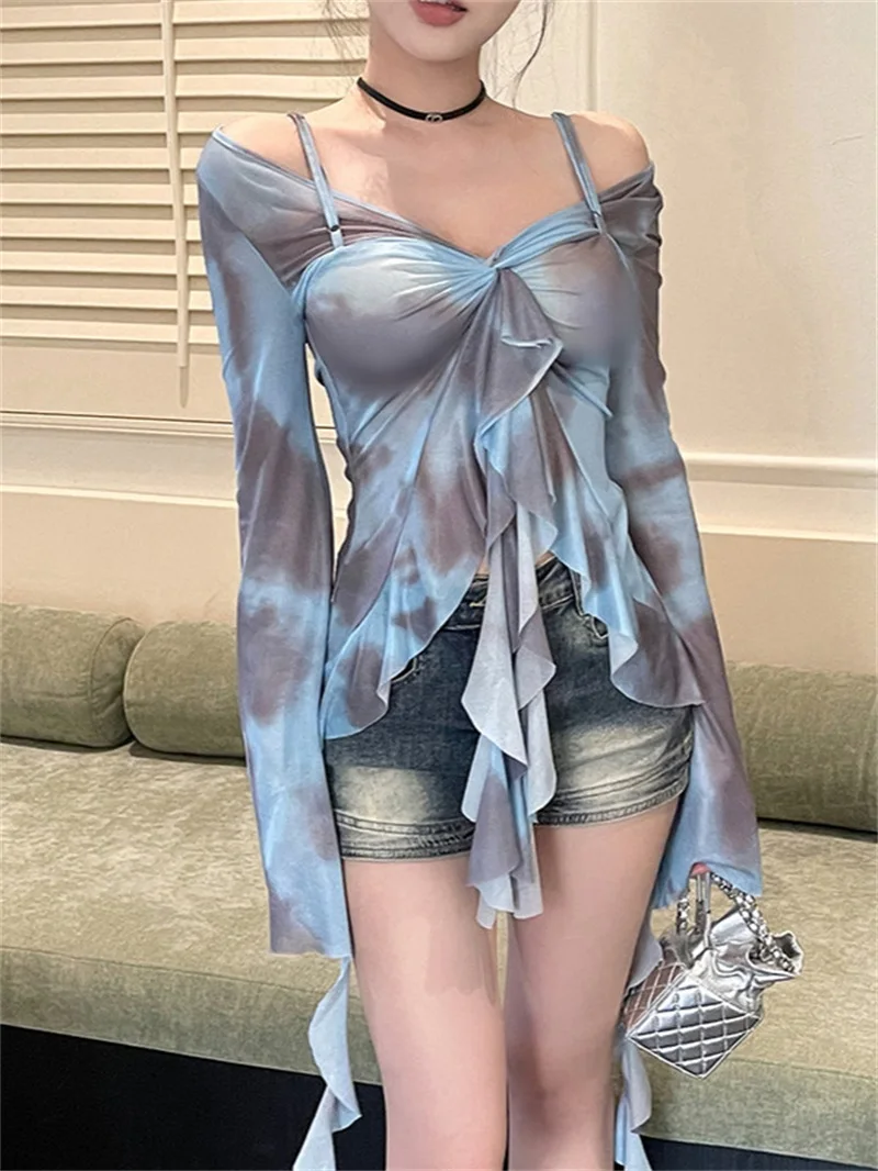 Sweet Mesh Printed Top Sexy Irregular Ribbon Long Sleeve Versatile Coat Perspective One Shoulder Strap Street Trendy Pullover