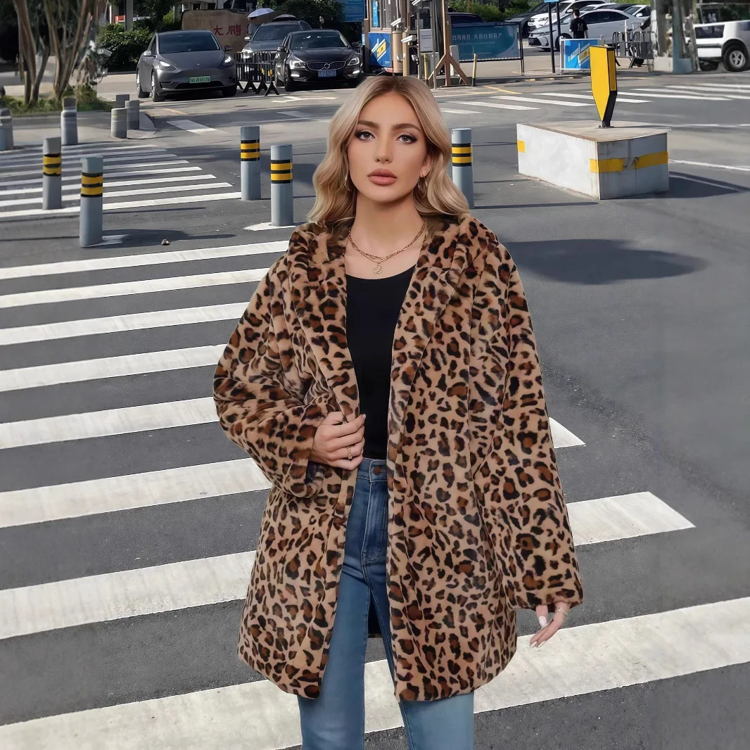 المال القديم الشتاء النساء معطف الفرو البيئي ليوبارد طباعة مقنعين جيوب الإناث ايكو الفراء سترة كول عالية الشارع فرو المنك أبلى لسيدة #4
