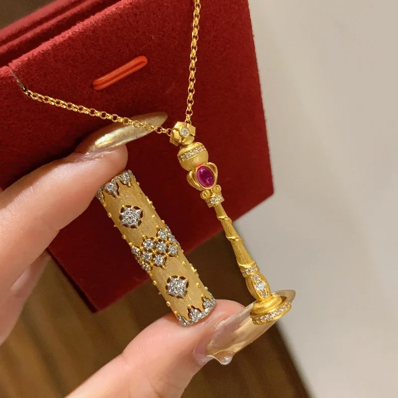 Vintage new in Chinese style brushed Long cylindrical shape necklace luxurious and exquisite ruby pendant wedding jewelry