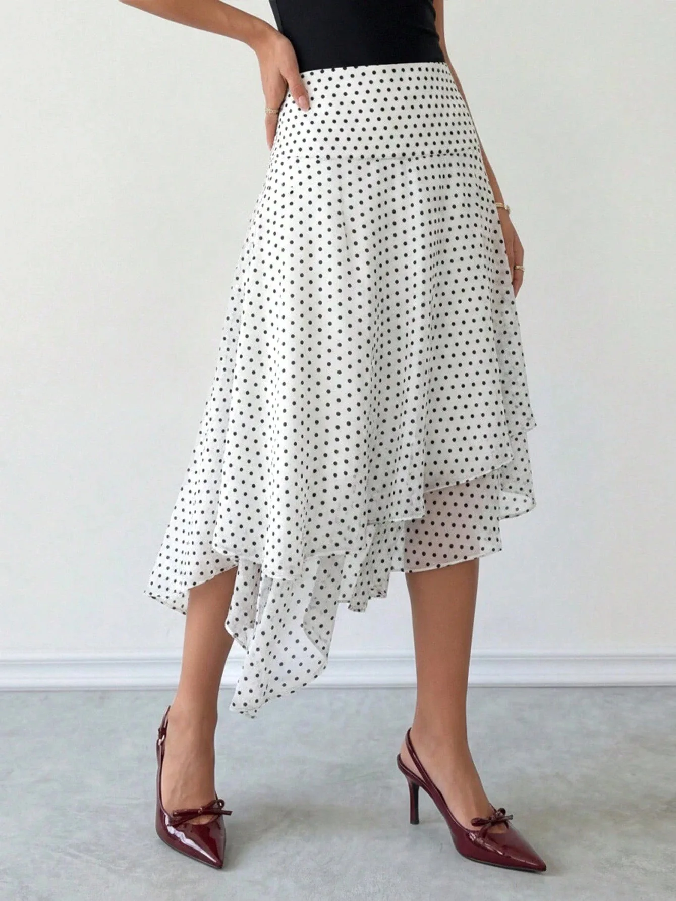 Fashionable Half-length Polka Dot Skirt with Irregular Hem High Waist Straight Cut Summer New Style Women's Elastic Waist Print