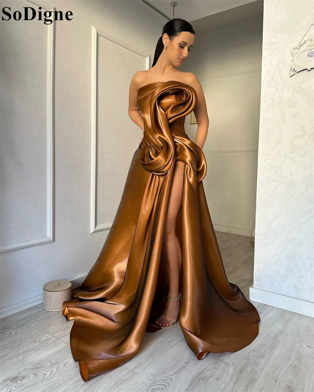 SoDigne Elegant Brown Evening Dresses A-Line Draped High Split Ruffles Strapless Long Party Dress Modern Prom Gowns Customized