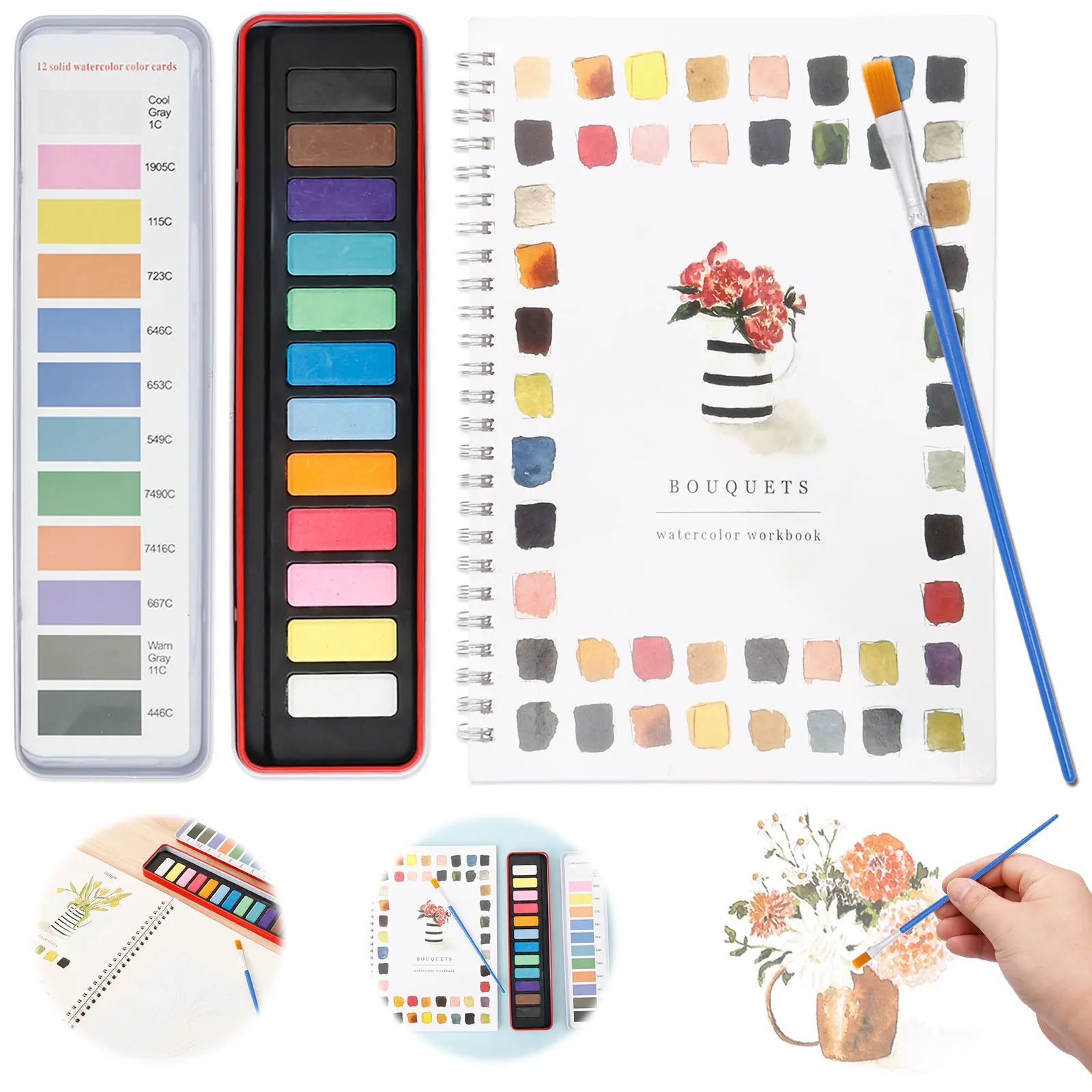 

12-цветный набор рабочих книг с акварельными красками, портативные рабочие тетради с акварельной краской и кистью, набор книг с акварельными красками для начинающих, набор для рисования