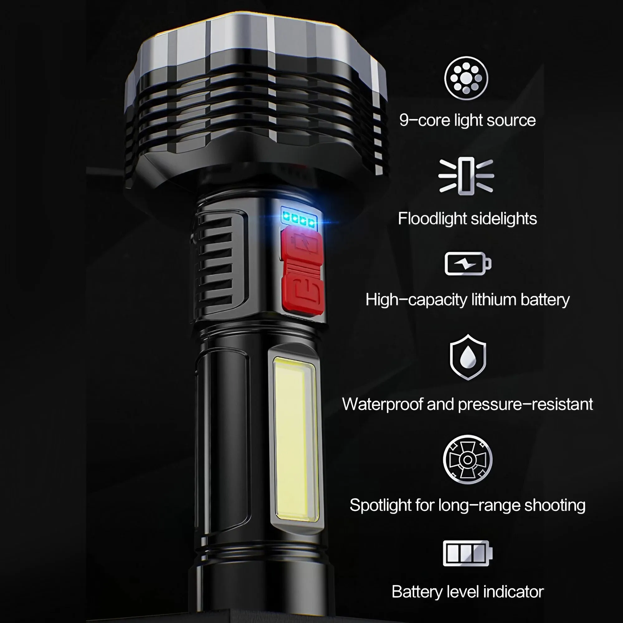 Efficient Multi-Use Outdoor LED Throw Light, Nine LED USB Rechargeable Flashlight, Dual Light Source, Enhancing Outdoor Camping