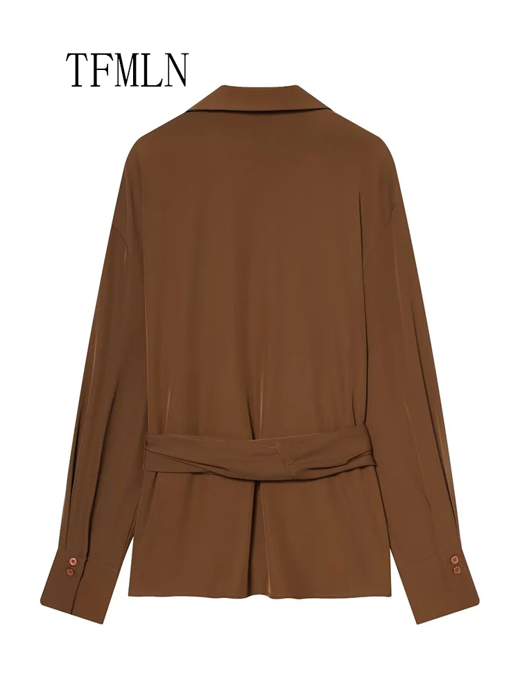 Women's Solid Causal Blouses 2026 Spring Summer New Brown Color Long Sleeve Lace Up Decorated V-Neck Shirt Sexy Fashion Tops