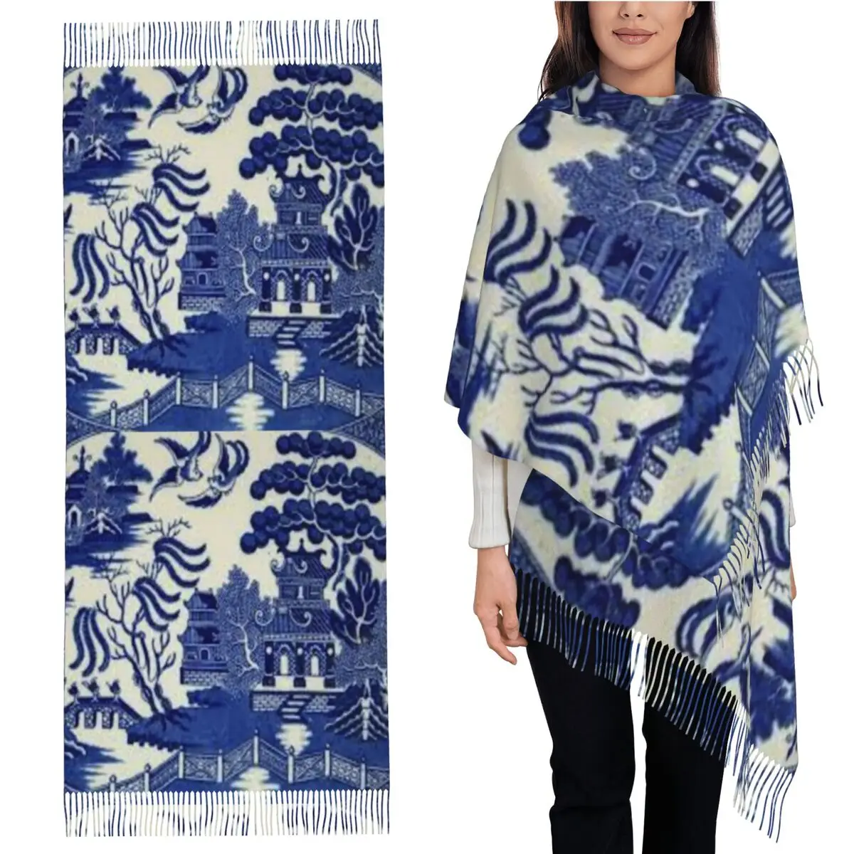 

Шарф-подставки с узором синей ивы, шарфы с кисточками для женщин, мягкие теплые шали и накидки, длинная осенне-зимняя шаль