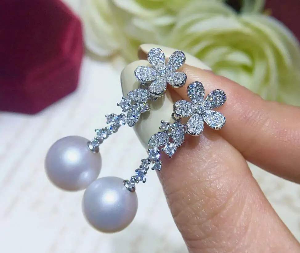 

classic pair of 10-11mm 9-10mm south sea round white pearl dangle earring 925s