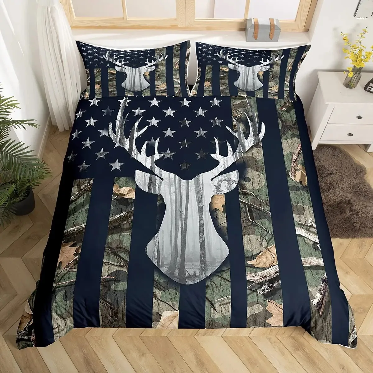 Camo Deer Duvet Cover Set Antlers Arrow Pattern Bedding Set Stripes Gird Camouflage Comforter Cover Microfiber King Quilt Cover