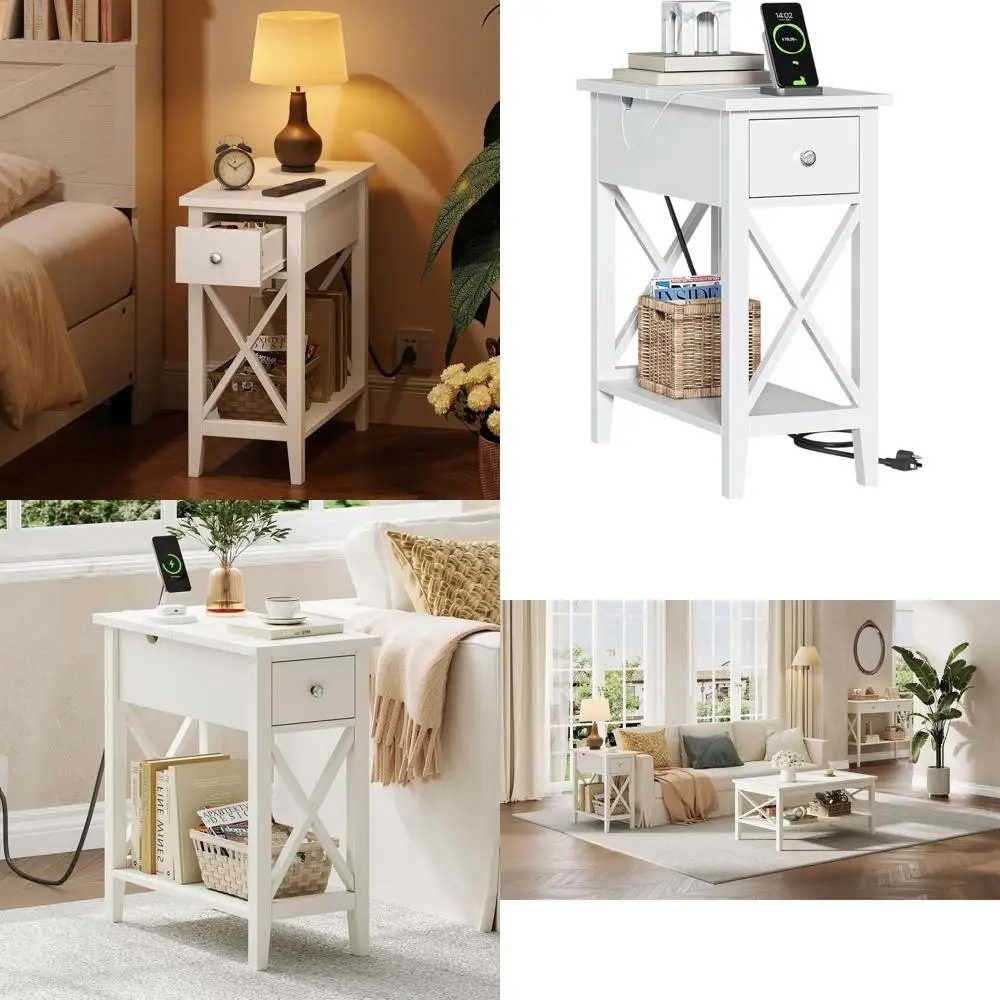 

Белая прикроватная тумбочка с USB-портами и розетками, узкий приставной столик для небольших помещений, тумба для гостиной/спальни