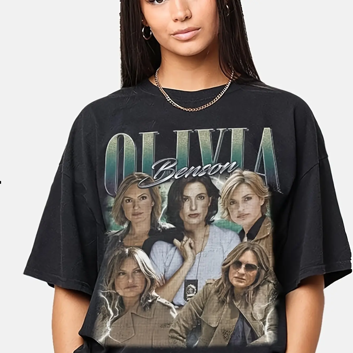 Olivia Benson Law Order TV Show Camiseta de inspiración vintage para mujeres y hombres pantalón corto casual manga cuello redondo máquina negro