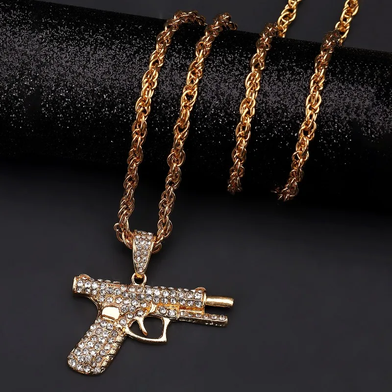 Hip Hop Shining Gang Gun Set with Crystals Zircon Pistol Necklace Gold Color Submachine Gun Mini Fashion Jewelry Men's Cool Gift