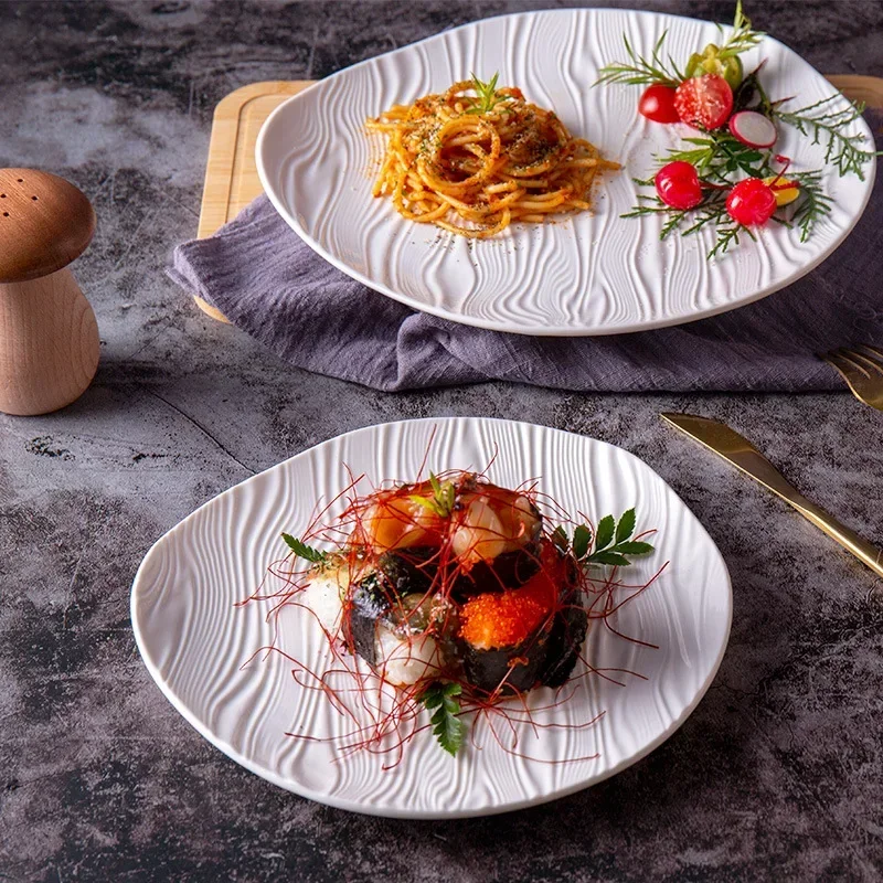 Nordic ceramic dishes, white household salad, flowing water pattern, western food plates, high-end steak  tableware plates