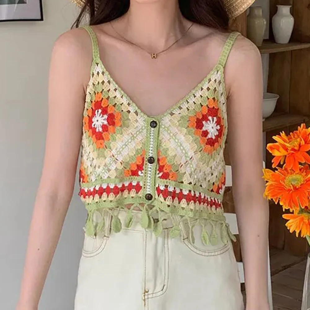 Colorful Patched Crochet Knit Cami Top Fringed Strap Crop Tank Top for Women Teengirl Summer Boho Vacation Beach Wear