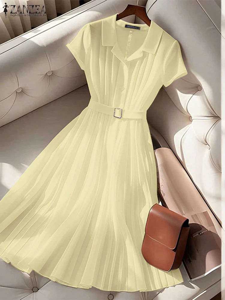 

ZANZEA 2025 Summer Elegant Solid Office Lady Party Dress Women Belted Lapel Short Sleeve Pleated Vestidos Casual Long Shirt Robe