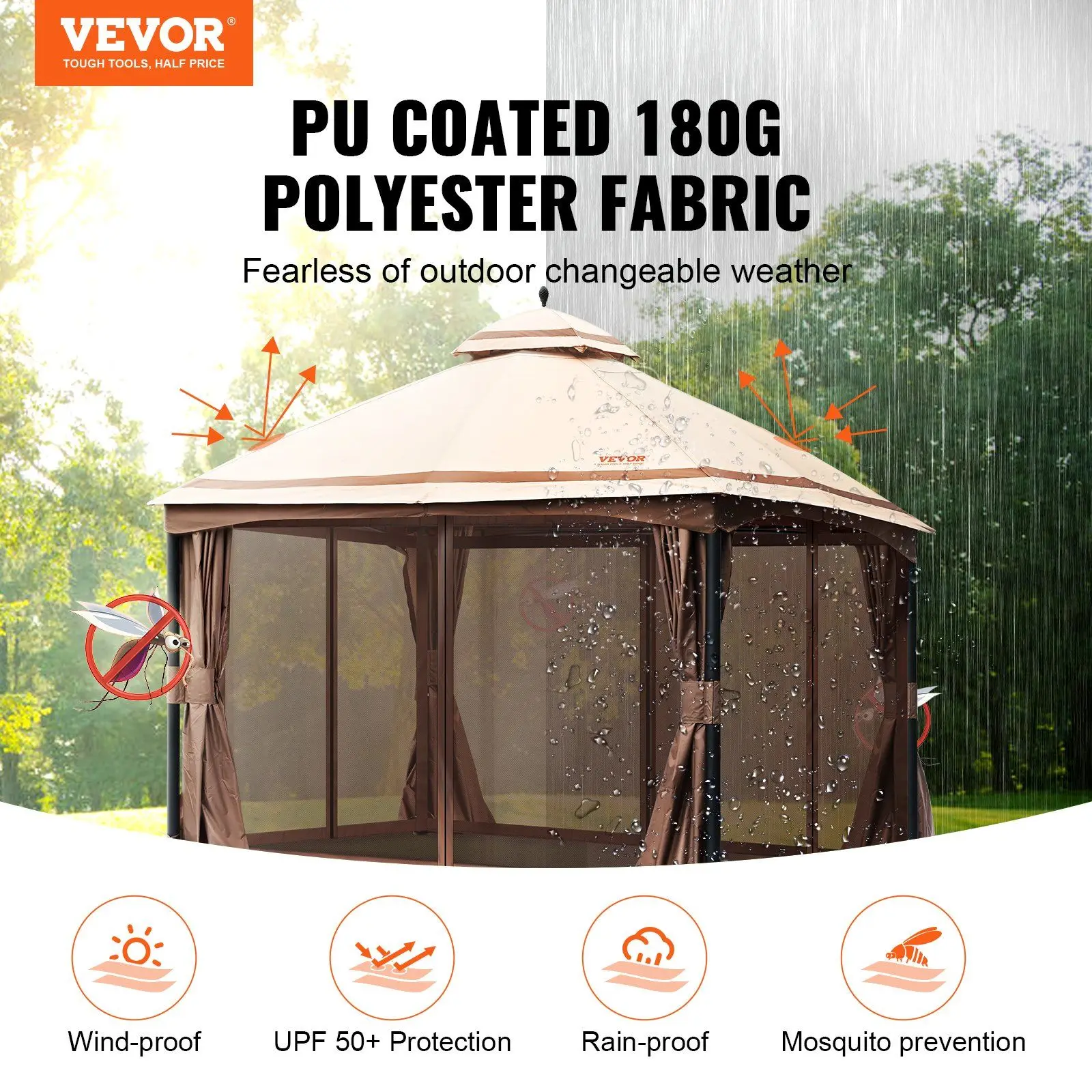 Patio Gazebo for 10-12 Person, 10 x 13 FT Backyard Gazebo,with Mosquito Netting, Metal Frame, and PU Coated 180G Polyester, Deck