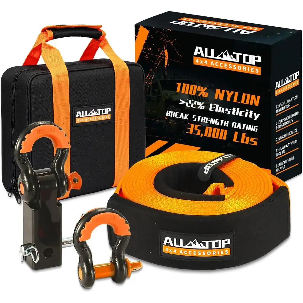 

Nylon Recovery Kit: 3 x 20' 35,000lb Snatch Strap, 2 Hitch Receiver, 3/4 HD Shackles (2), Storage Bag