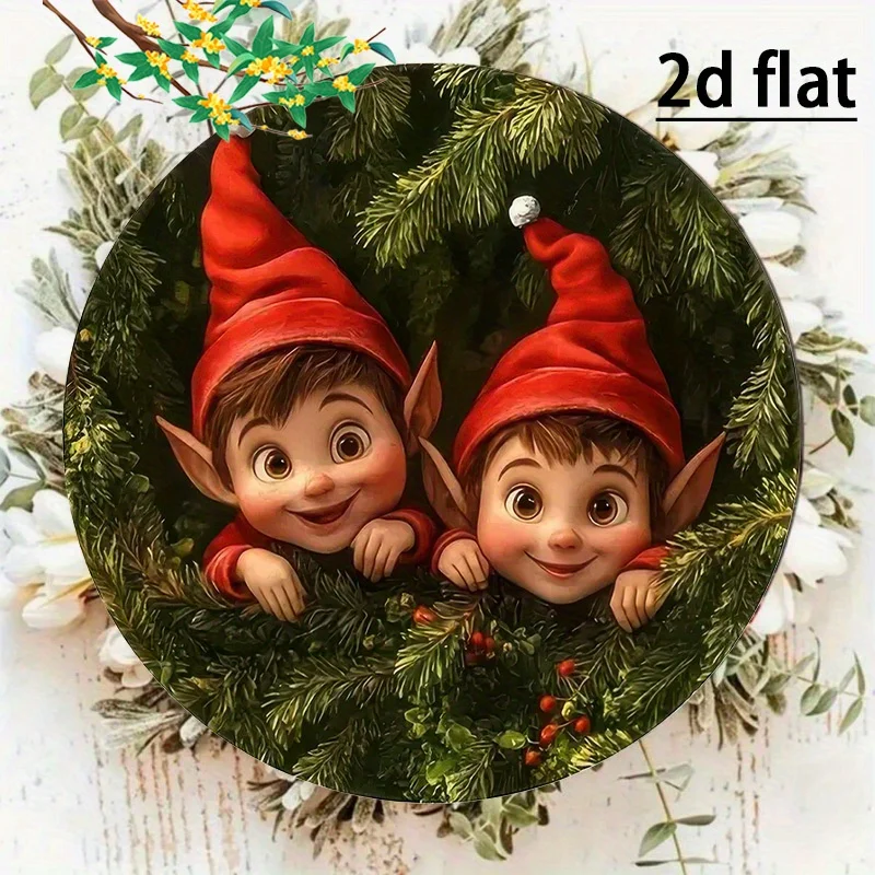2D Flat, 1pc Vintage Wooden Round Wall and Table Decor - 19.99x19.99cm Artificial Christmas Decoration with Red-Hatted Gnomes, P