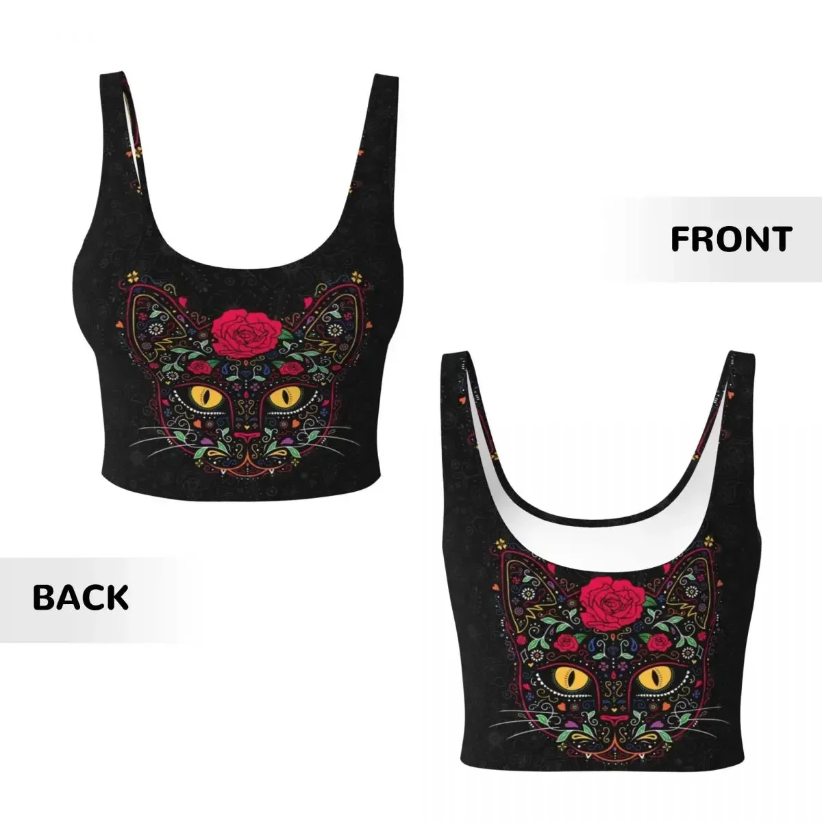Camisetas sin mangas cortas personalizadas para mujer, camisetas sin mangas con calavera de azúcar y gato gatito, Día de los muertos, sujetadores deportivos de Yoga florales mexicanos para Halloween