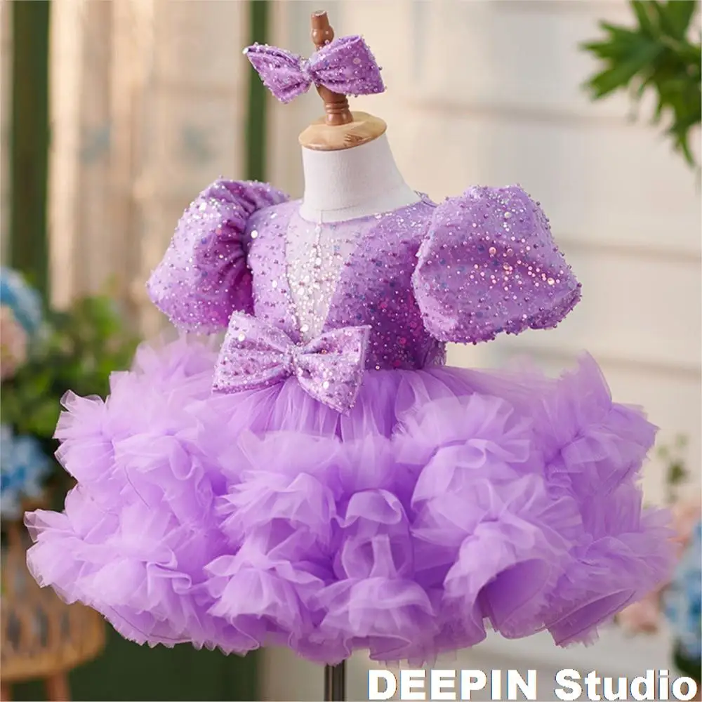 Glitter purple Flower Girl Prom Dress Ruffles Short Sleeves Scoop Neck Cute Baby Girl Tutu Ball Gown Short Graduation Kids Dress