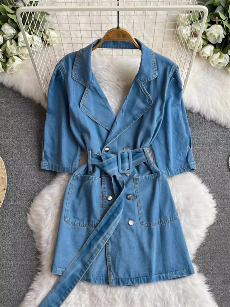 

Korean Fashionable Retro Hollowed Out Backless Denim Dress For Women Slim Bubble Sleeves Short Dress Mini Jeans Vestidos K1045