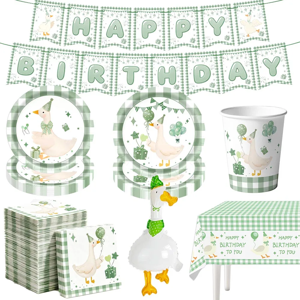 Green Silly Goose Disposable Tableware Paper Plates Cups Napkins Banner Tablecloth Birthday Party Baby Shower Decor Supplies