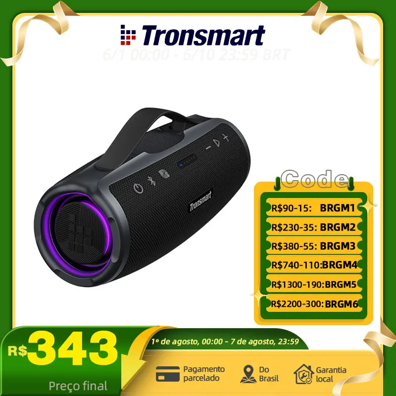 Tronsmart Mirtune S100 caixa de som, caixa som bluetooth com 50W, IPX7 à prova d'água, alça retrátil, Powerbank integrado
