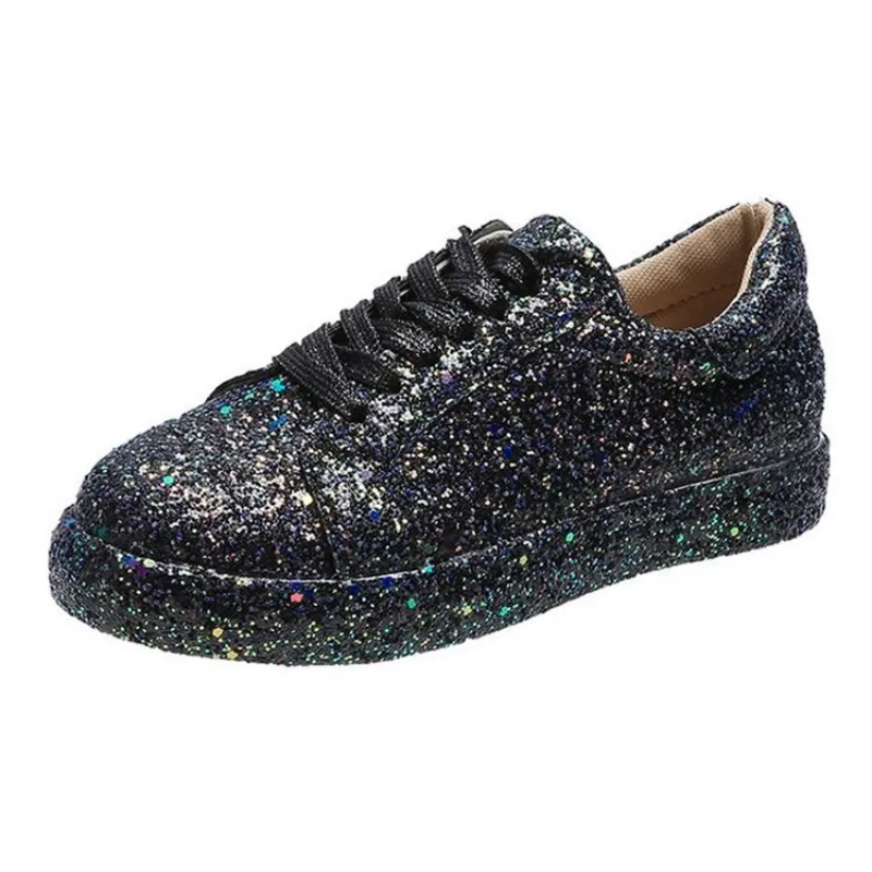 Spring and autumn big size new flat casual glitter lace-up low top sports shoes women shoes zapatos de mujer sneakers