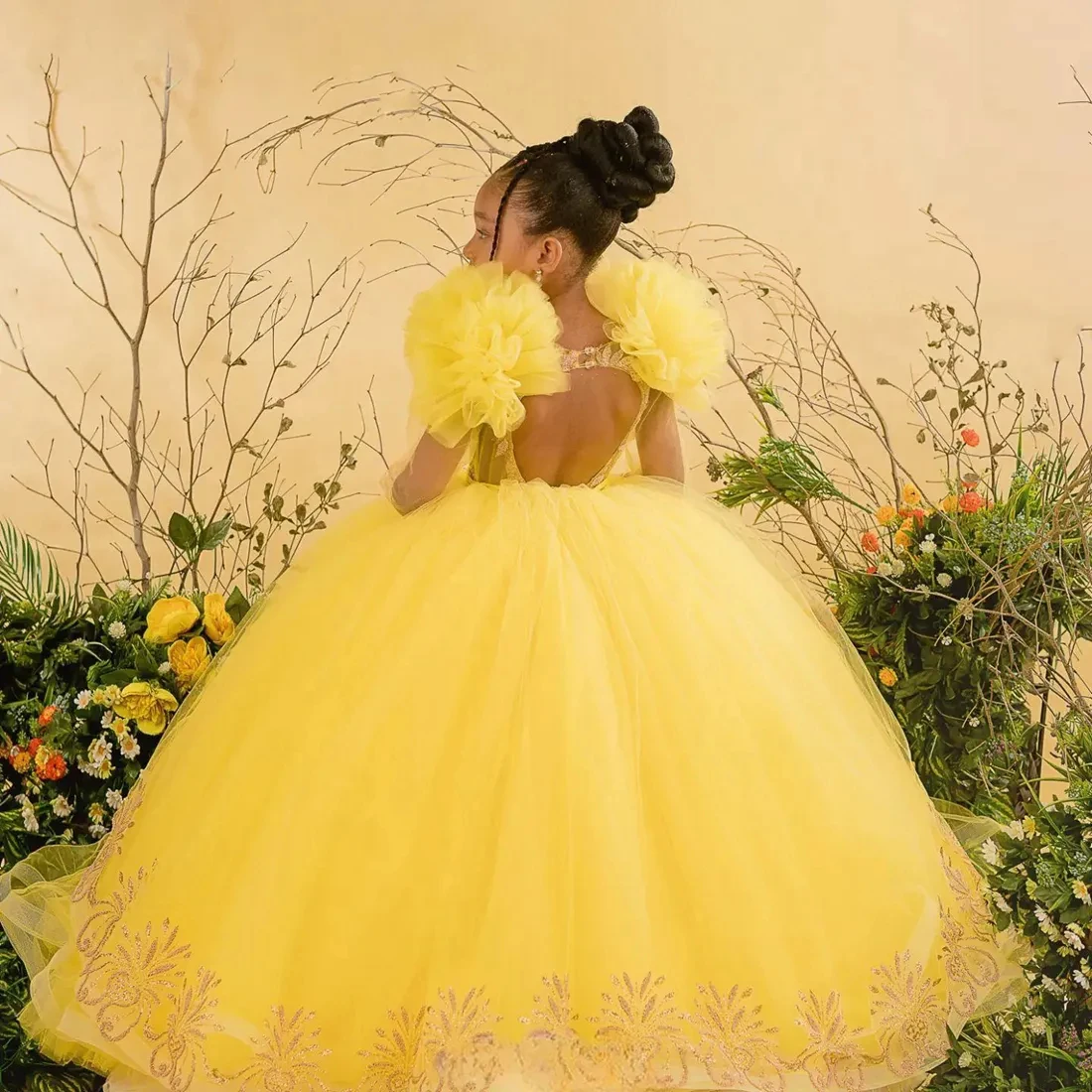 Luxury Yellow Flower Girl Dresses Lace Beading Ruffles First Communion Dress Long Sleeve Birthday Party Gowns