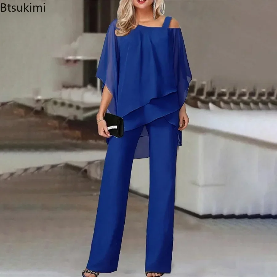 2024 Women's Summer Casual Two Piece Set Solid Loose Relaxed Bat Sleeve Irregular Shirt High Waist Wide Leg Pants Elegant Set