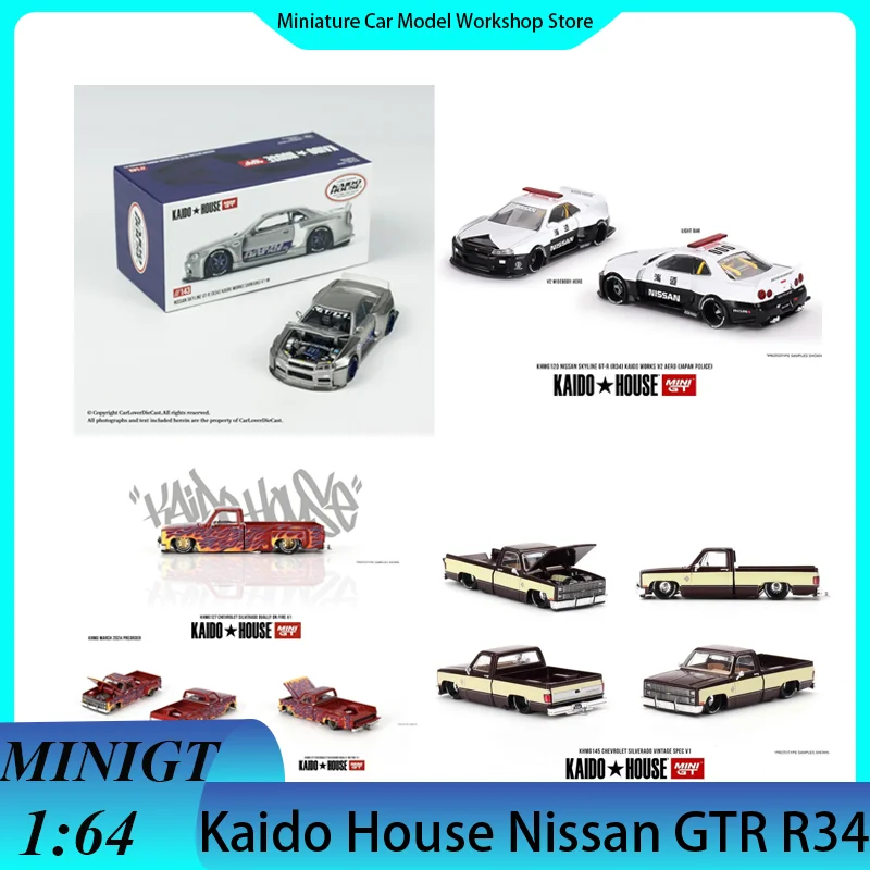 

KAIDO MINIGT 1:64 Nissan Skyline GT-R R34 Corvette Silverdo Dually On Fire V1 Alloy Car Model Collection Decoration Item