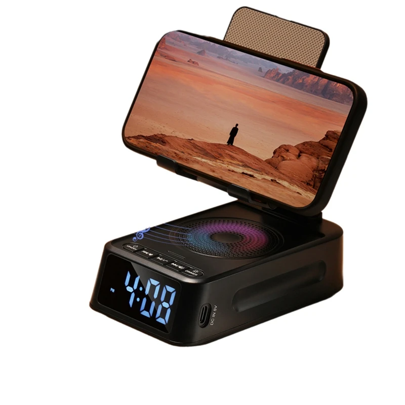 Cell Phone Stand With Bluetooth Speaker And Clock, Foldable Desktop Holder Stand For Cell Phone Tablets