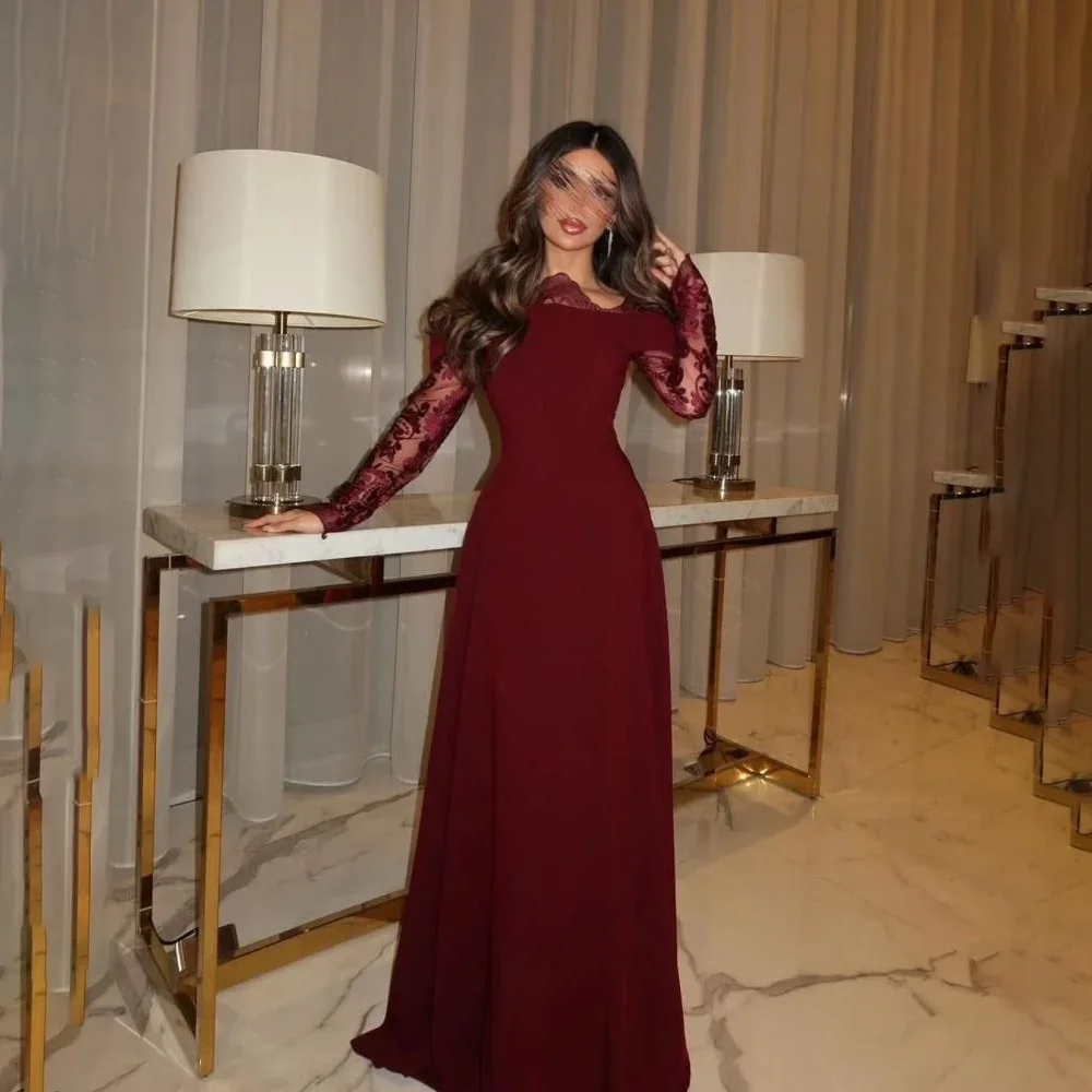 

Burgundy Formal Party Dresses for Women Boat Neck Lace Long Sleeves Evening Gowns A Line Elegant Evening Dress Customized