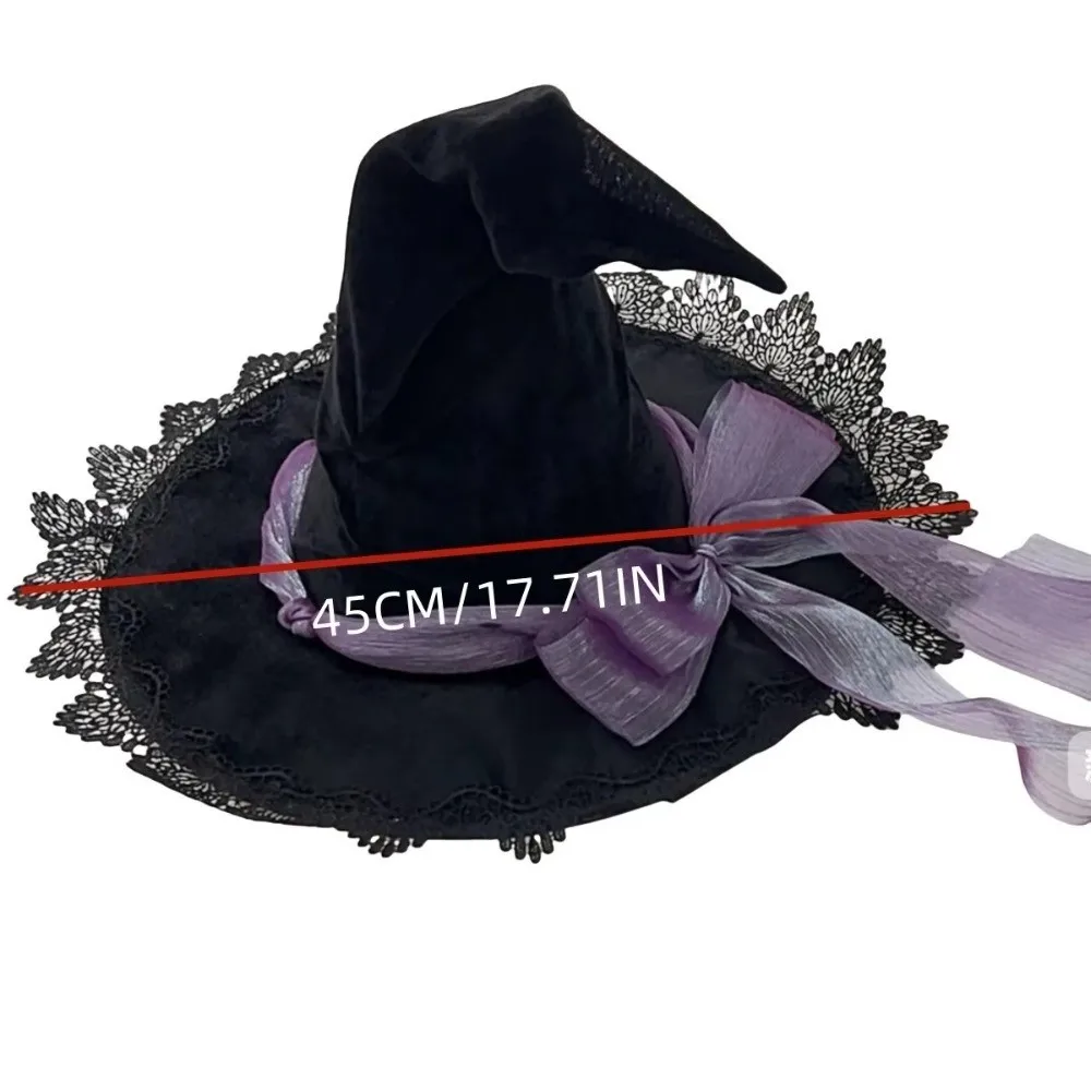 D5 New Lace Trim Witch Pointed Hat Bandage Bow Adult Size Wizard Hat Cosplay Costume Gothic Girls Cosplay Hat Halloween Party