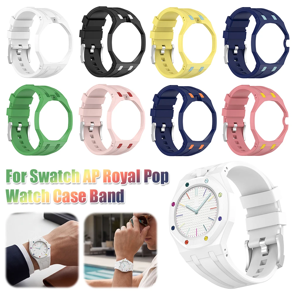 For Swatch AP Royal Pop Integrated PC Case Silicone Straps Shockproof Pocket Watch Modified Wrist Strap Adjustable for Men Women