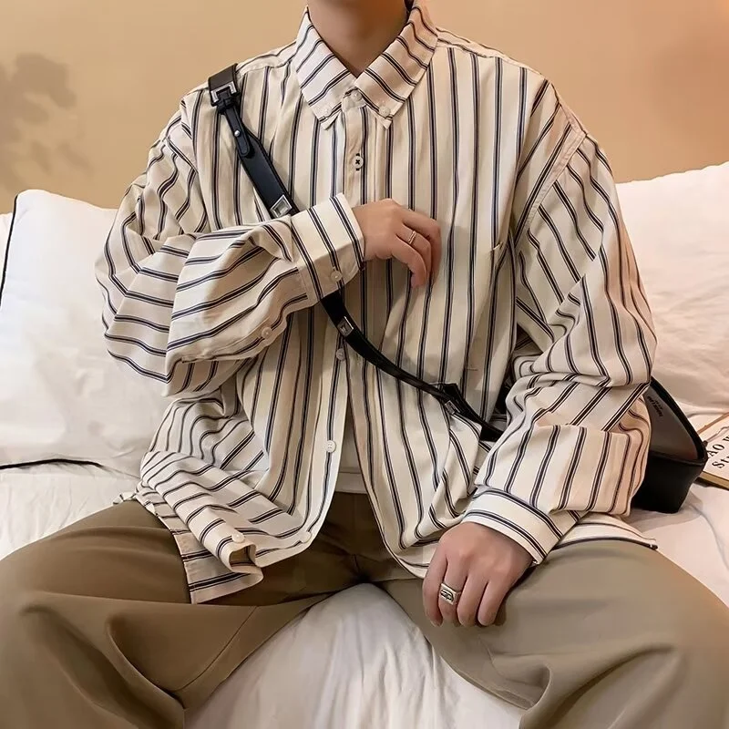 

Spring Large Size 300 Pou Men's Striped Long Sve irt Youth American Retro Vintage Faion Casual Comfortable irt