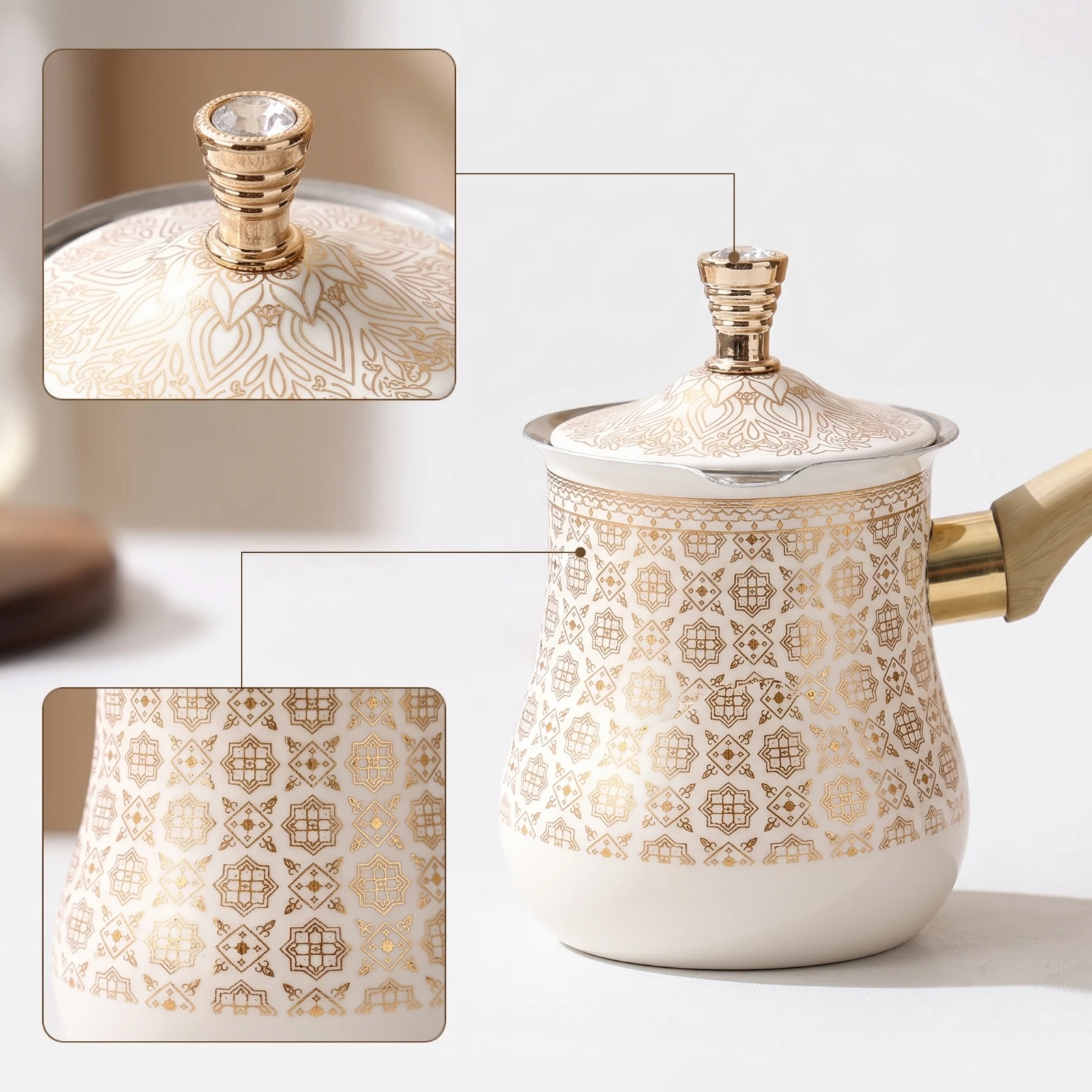 Carafe à café en acier inoxydable avec poignée en bois, pichet de service avec bec verseur, motif géométrique, pour un débit contrôlé