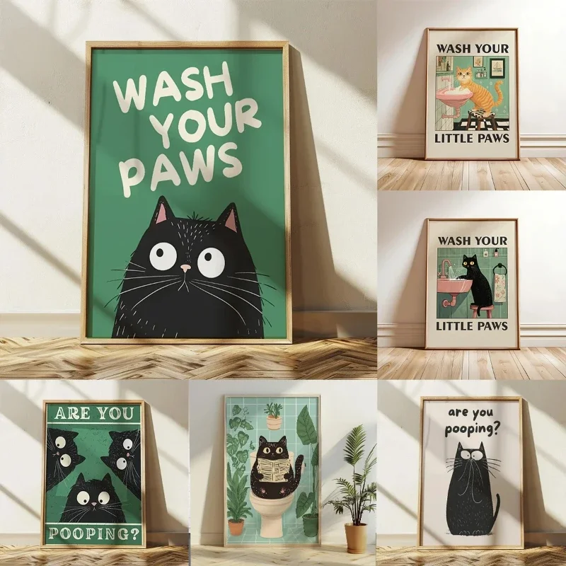 Wash Your Paws Black Cat Canvas Print Bathroom Cat You Pooping Wall Art Poster for Modern Living Room Toilet Kitchen Home Dec