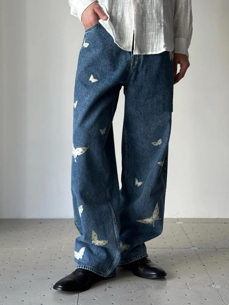 Nuevo 25SS Indigo bordado de mariposa plones vaqueros de pierna ancha hombres mujeres Casual cómodo transpirable plon...