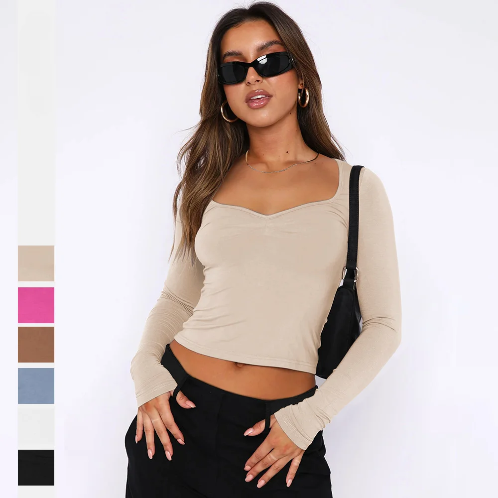 

Sexy square-neck T-shirt for women, long-sleeved short-sleeved blazer-style crop top sweater for autumn.