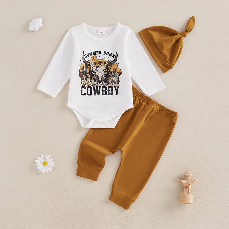 Newborn Baby Girl Boy Fall Outfit Letter Cattle Print Long Sleeve Romper with Solid Long Pants and Hat 3 Pcs Clothes Set