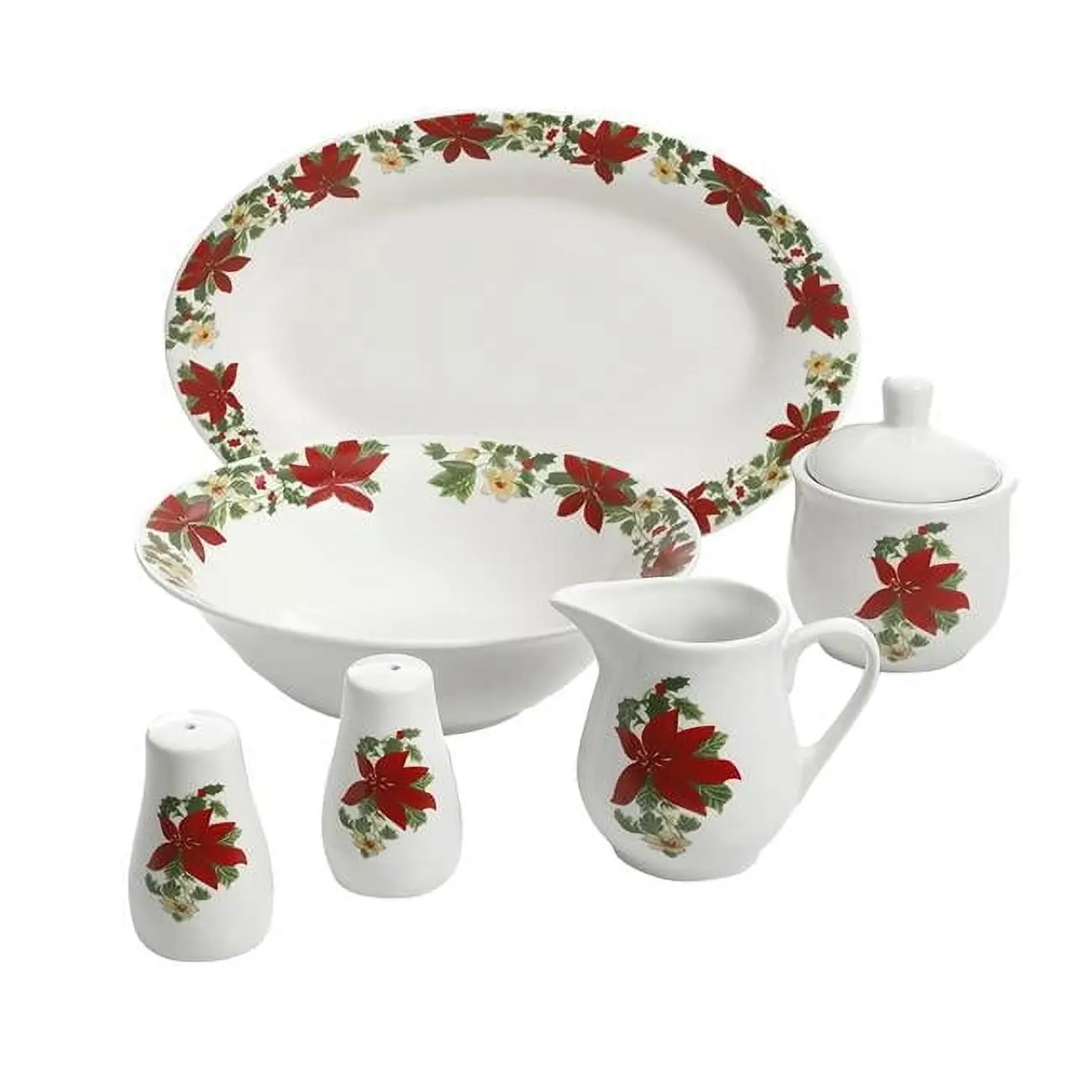 

Poinsettia 7-piece porcelain serving set featuring vibrant red finish and elegant holiday design