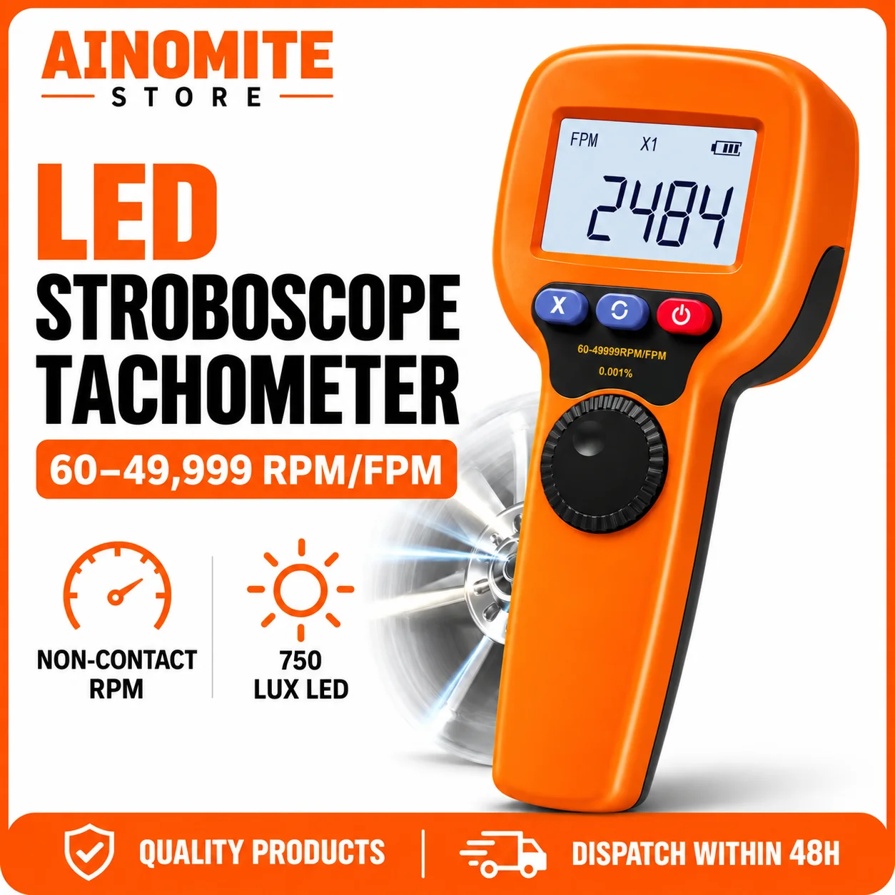 Digital Stroboscope Tachometer 60-50000 RPM, Handheld Non-Contact Motor Speed Tester 0.001% High Precision LED for Fan Printing