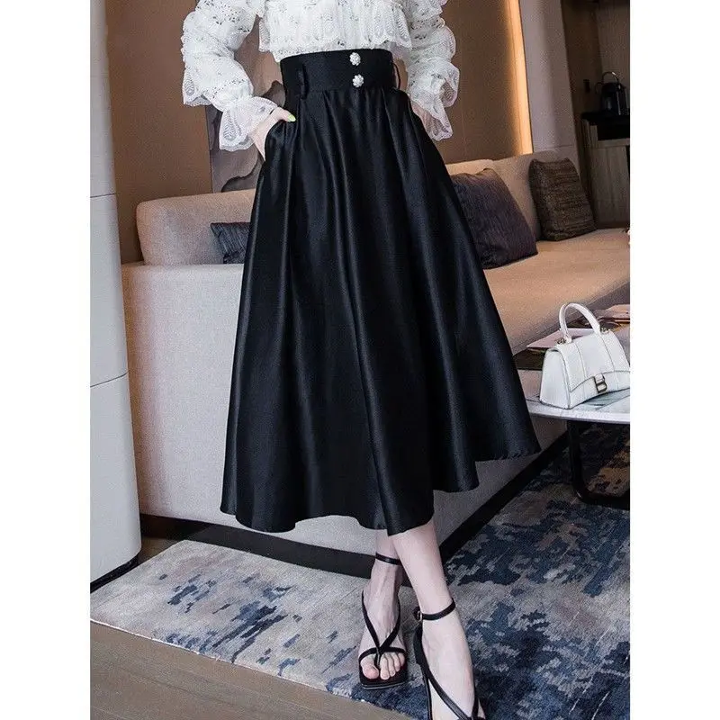 Hepburn Style Small Black Dress Spring Summer Autumn Small Stature Big Swing Skirt High Waist Slimming A- Line Umbrella Skirt