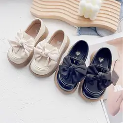 Girls' Black Leather Shoes 2024 Spring Autumn New Style Bow Knot Westernized Little Girl Princess Shoes Soft Sole Leisure 23-35