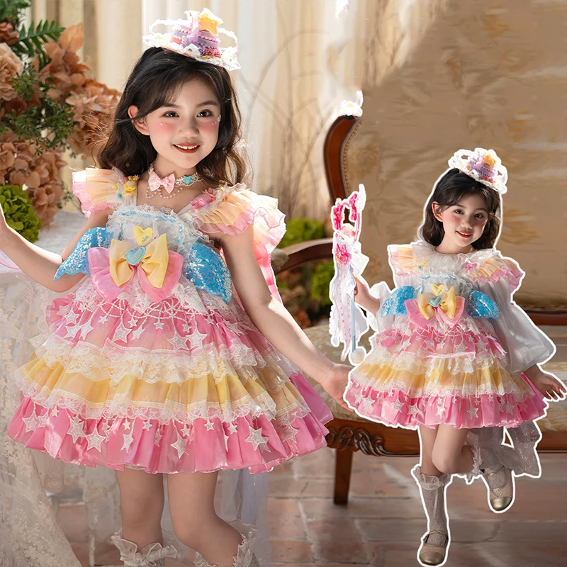 Kids Macaron Color Tiered Lolita Dress Fluffy Mesh Tutu Gown Candy Theme Party Outfit Elegant Birthday Holiday Costume for Girls