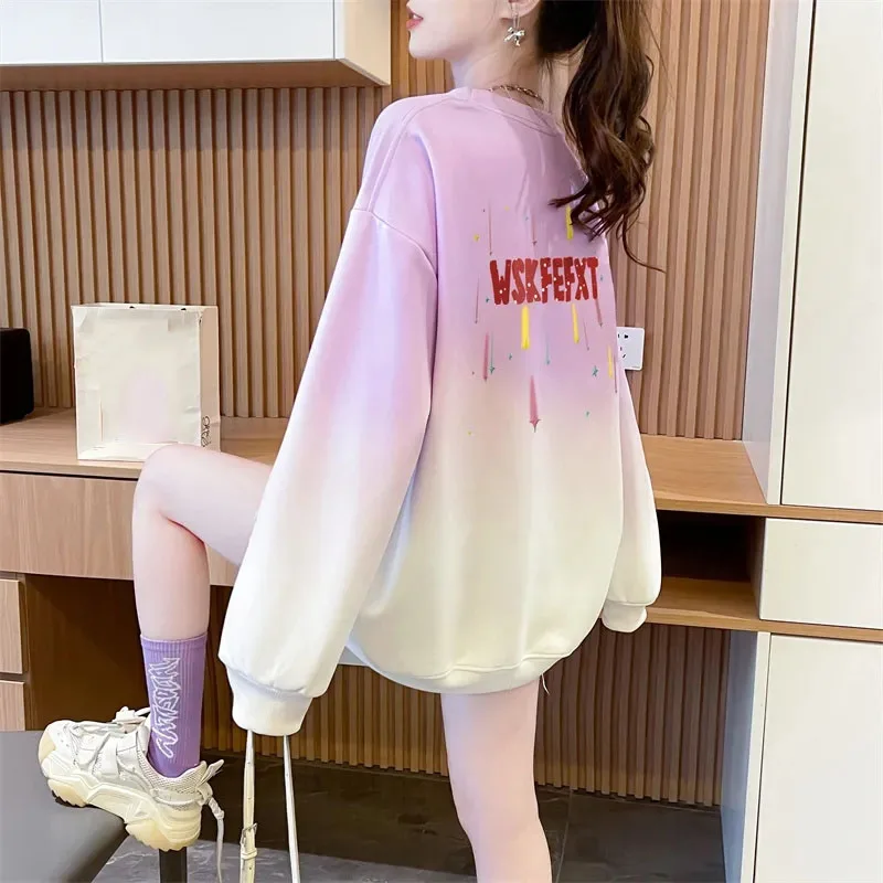 Spring Autumn Ladies Fashion Gradient Sweatshirt 2025 Female Leisure Round Neck Sports Shirt Korean Women Long Sleeves Hoodies